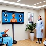 **

A futuristic clinic interior where a friendly-looking AI chatbot avatar is displayed on a large screen, consulting with a diverse group of people. In the background, a traditional therapist is interacting with a patient. Emphasize the contrast between the high-tech setting and human connection.

**