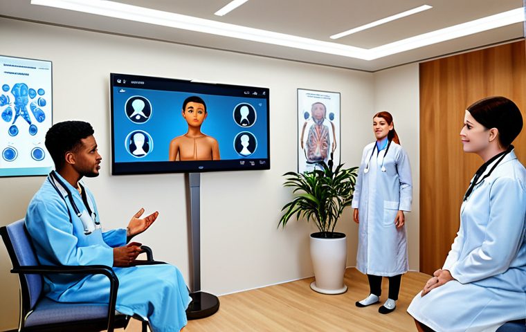 **

A futuristic clinic interior where a friendly-looking AI chatbot avatar is displayed on a large screen, consulting with a diverse group of people. In the background, a traditional therapist is interacting with a patient. Emphasize the contrast between the high-tech setting and human connection.

**