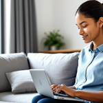 A diverse individual, appearing to be a woman in her mid-30s, wearing modest and comfortable casual attire, fully clothed, sitting peacefully on a modern sofa in a bright, inviting living room. She is gently looking at a laptop open on her lap, which displays a clean, user-friendly mental wellness application interface with abstract, calming graphics and positive affirmations. The scene is illuminated by soft natural light, presented in high-resolution professional photography with a shallow depth of field, ensuring perfect anatomy, correct proportions, natural pose, well-formed hands, proper finger count, and natural body proportions. This is safe for work, appropriate content, fully clothed, modest clothing, family-friendly.