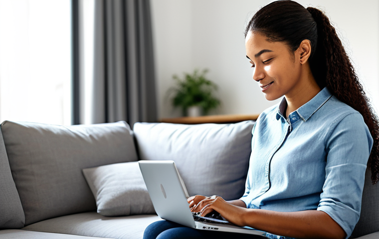 A diverse individual, appearing to be a woman in her mid-30s, wearing modest and comfortable casual attire, fully clothed, sitting peacefully on a modern sofa in a bright, inviting living room. She is gently looking at a laptop open on her lap, which displays a clean, user-friendly mental wellness application interface with abstract, calming graphics and positive affirmations. The scene is illuminated by soft natural light, presented in high-resolution professional photography with a shallow depth of field, ensuring perfect anatomy, correct proportions, natural pose, well-formed hands, proper finger count, and natural body proportions. This is safe for work, appropriate content, fully clothed, modest clothing, family-friendly.