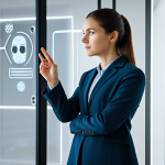 A thoughtful adult individual in a modest business casual outfit, observing a sleek, minimalist digital interface representing AI on a transparent screen. The background subtly blends a modern office space with warm, flowing abstract light patterns suggesting human connection. The individual's expression conveys a mix of initial skepticism and growing curiosity. One hand is gently raised towards the screen, symbolizing consideration. Fully clothed, appropriate attire, safe for work, appropriate content, professional, perfect anatomy, correct proportions, natural pose, well-formed hands, proper finger count, natural body proportions, professional photography, high quality, realistic.