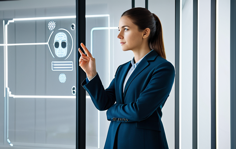 A thoughtful adult individual in a modest business casual outfit, observing a sleek, minimalist digital interface representing AI on a transparent screen. The background subtly blends a modern office space with warm, flowing abstract light patterns suggesting human connection. The individual's expression conveys a mix of initial skepticism and growing curiosity. One hand is gently raised towards the screen, symbolizing consideration. Fully clothed, appropriate attire, safe for work, appropriate content, professional, perfect anatomy, correct proportions, natural pose, well-formed hands, proper finger count, natural body proportions, professional photography, high quality, realistic.