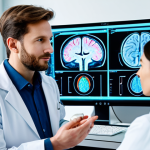 AI-Assisted Diagnosis**

A professional psychiatrist in a well-lit office consults with a patient. A holographic AI interface displays brain scan data and diagnostic information. The scene emphasizes collaboration, not replacement. The psychiatrist is fully clothed in appropriate professional attire. The patient is also fully clothed and appears calm and engaged. Focus on accuracy, clarity, and a sense of technological advancement aiding human expertise. Safe for work, appropriate content, fully clothed, professional, perfect anatomy, correct proportions, natural pose, well-formed hands, proper finger count, natural body proportions, high quality.

**