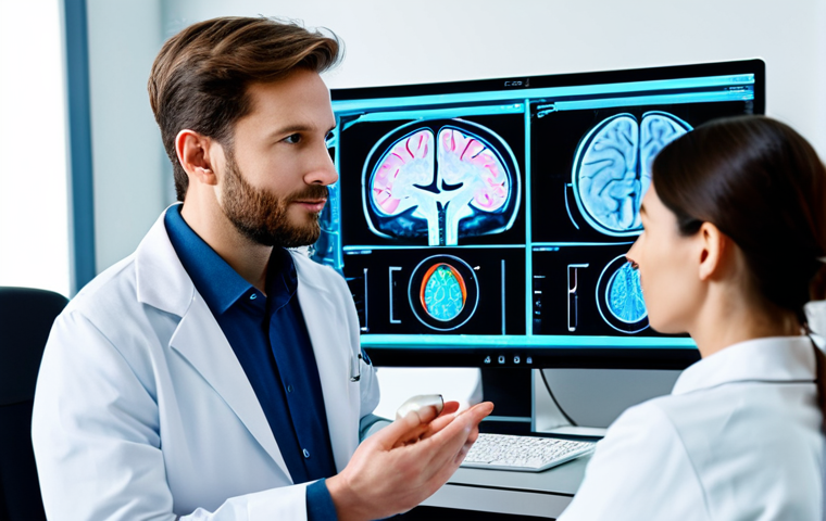 AI-Assisted Diagnosis**
A professional psychiatrist in a well-lit office consults with a patient. A holographic AI interface displays brain scan data and diagnostic information. The scene emphasizes collaboration, not replacement. The psychiatrist is fully clothed in appropriate professional attire. The patient is also fully clothed and appears calm and engaged. Focus on accuracy, clarity, and a sense of technological advancement aiding human expertise. Safe for work, appropriate content, fully clothed, professional, perfect anatomy, correct proportions, natural pose, well-formed hands, proper finger count, natural body proportions, high quality.
**
