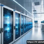 AI 치료법의 정보 보호 문제 - A modern European hospital data center room filled with advanced servers and glowing screens display...