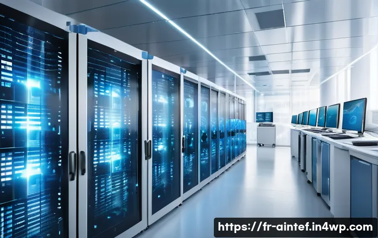 AI 치료법의 정보 보호 문제 - A modern European hospital data center room filled with advanced servers and glowing screens display...