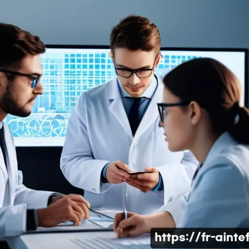 AI 치료에서의 윤리적 책임 분담 - A sophisticated European medical laboratory scene showing a diverse team of software developers&mdash;men ...
