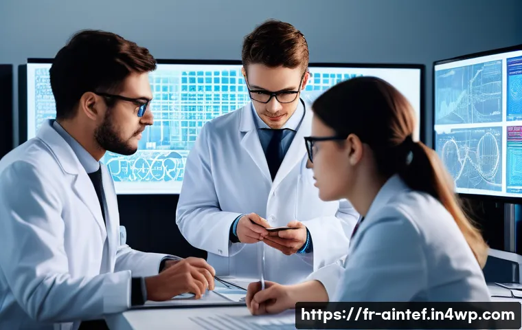 AI 치료에서의 윤리적 책임 분담 - A sophisticated European medical laboratory scene showing a diverse team of software developers—men ...